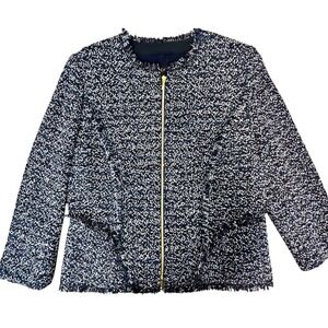 ESCADA Tweed Jacket Shimmer Navy White Gold Zip Fringe Blazer Size 14 Holiday